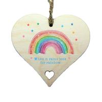 When It Rains Look For Rainbows Hanging Wooden Heart Sign 10x10cm